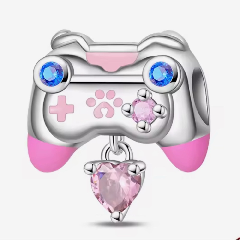 Silver & Pink Paw Print & Dangle Heart Controller Charm